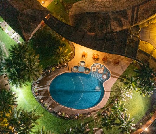 Aerial view of the swimming pool at The Royal Senchi Hotel & Resort in Ghana