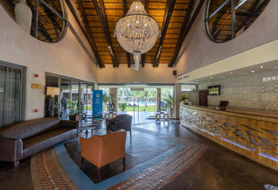 A photo of the reception area at the entrance of The Royal Senchi Hotel & Resort, Ghana